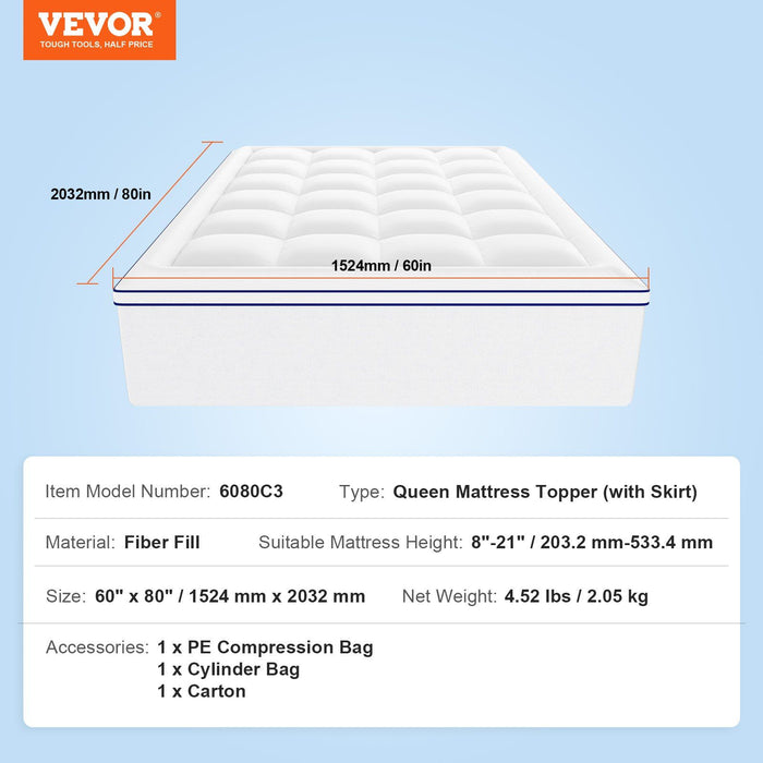 Mattress Topper, Queen Size, 25.4 mm Thickness, Fiber Fill Pad with Detachable & Washable, Comfortable, Supportive, Cooling, Breathable, with Detachable Bedside Pocket for Holding Small Items