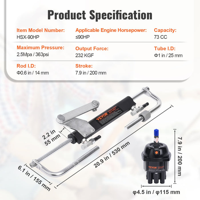 VEVOR Hydraulic Steering Kit 90HP Hydraulic Outboard Steering Kit with Helm Pump Cylinder Marine Steering System Kit