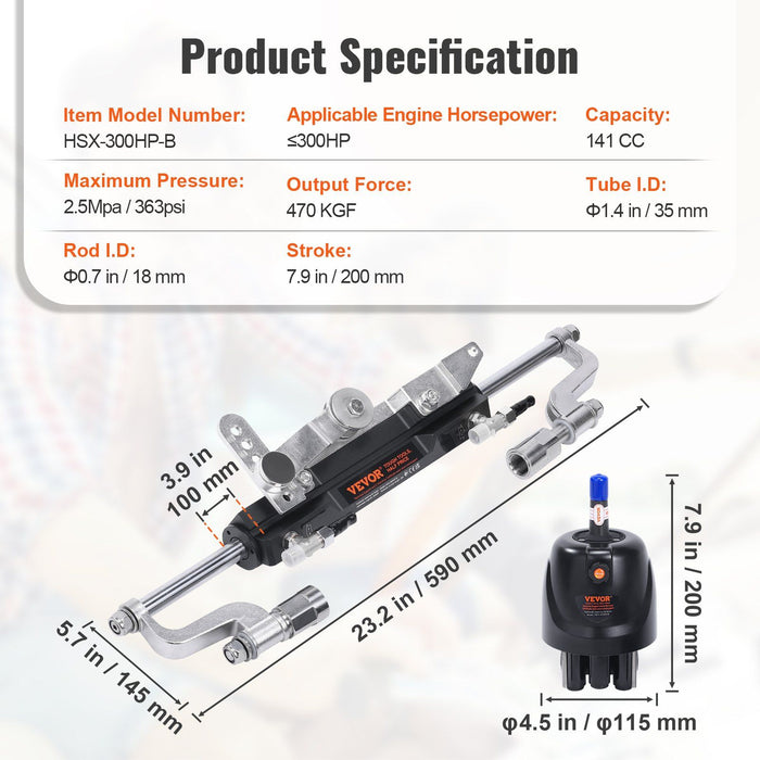 Hydraulic Outboard Steering Kit, 300HP, Marine Boat Hydraulic Steering System, with Helm Pump Two-Way Lock Cylinder and 26 Feet Hydraulic Steering Hose, for Single Station Single-Engine Boats