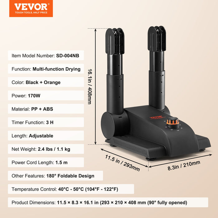 VEVOR Foldable 2-Tube Shoe Dryer Boot Dryer with Heat Blower Black & Orange