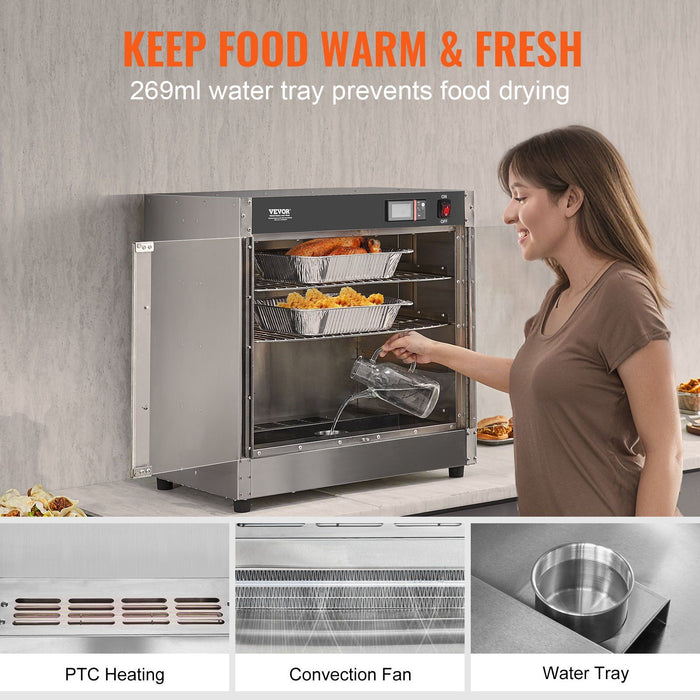 Hot Box Food Warmer, 4-Tier Concession Warmer with Water Tray, 4 Pans, Glass Double-door and Adjustable Shelves, Stainless Steel Food Warmer Cabinet, Ideal for Storing Pizza, Chicken, Restaurant
