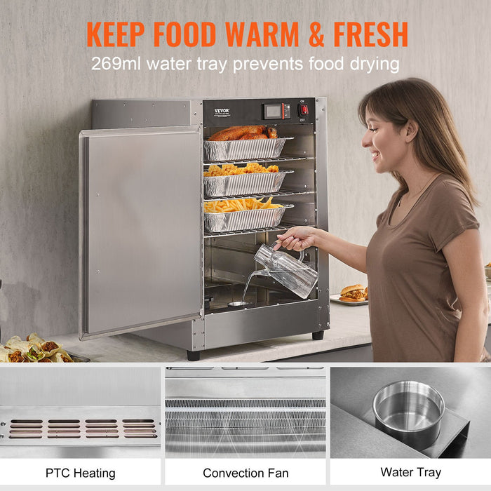 VEVOR Hot Box Food Warmer, 5-Tier Concession Warmer with Water Tray, 5 Pans, Single-door and Adjustable Shelves, Stainless Steel Food Warmer Cabinet, Ideal for Storing Pizza, Chicken, Restaurant