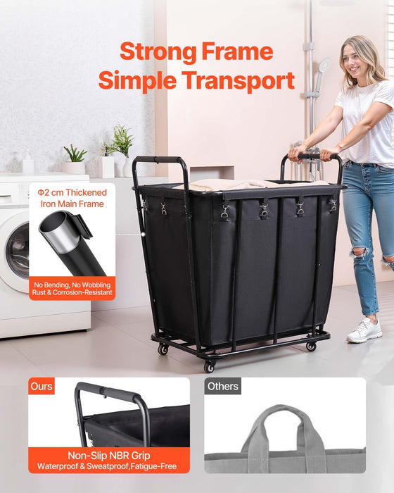 Laundry Cart, Rolling Grocery Utility Cart with Waterproof Liner & Swivel Wheels, 118 KG Large Load Capacity, Heavy Duty Shopping Basket for Laundry, Shopping, Camping, Grocery, Luggage, Black