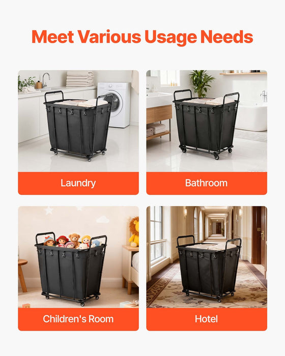 Laundry Cart, Rolling Grocery Utility Cart with Waterproof Liner & Swivel Wheels, 118 KG Large Load Capacity, Heavy Duty Shopping Basket for Laundry, Shopping, Camping, Grocery, Luggage, Black