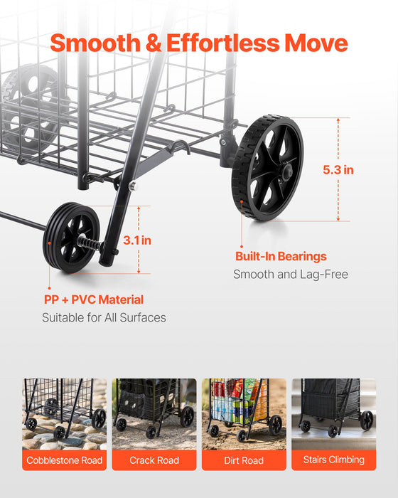 VEVOR Shopping Cart, Folding Grocery Utility Cart with Swivel Wheels, 40.8 kg Large Load Capacity, Heavy Duty Rolling Laundry Basket Butler for Laundry, Shopping, Camping, Grocery, Luggage, Black