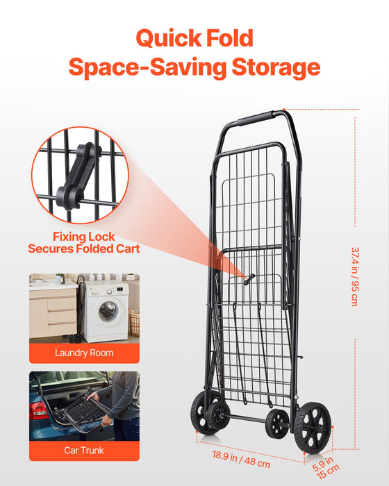 VEVOR Shopping Cart, Folding Grocery Utility Cart with Swivel Wheels, 40.8 kg Large Load Capacity, Heavy Duty Rolling Laundry Basket Butler for Laundry, Shopping, Camping, Grocery, Luggage, Black