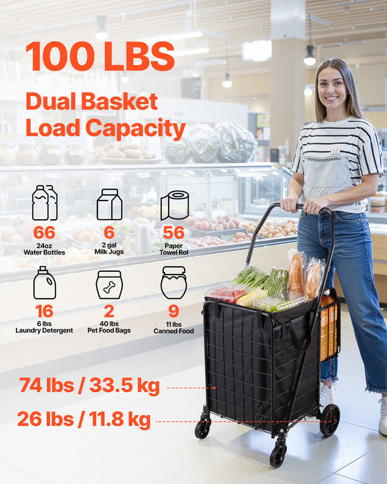 VEVOR Shopping Cart, Folding Grocery Utility Cart with Dual Baskets, Waterproof Liner & Wheels, 45 KG Large Load Capacity, Heavy Duty Laundry Basket for Laundry, Shopping, Camping, Grocery, Luggage
