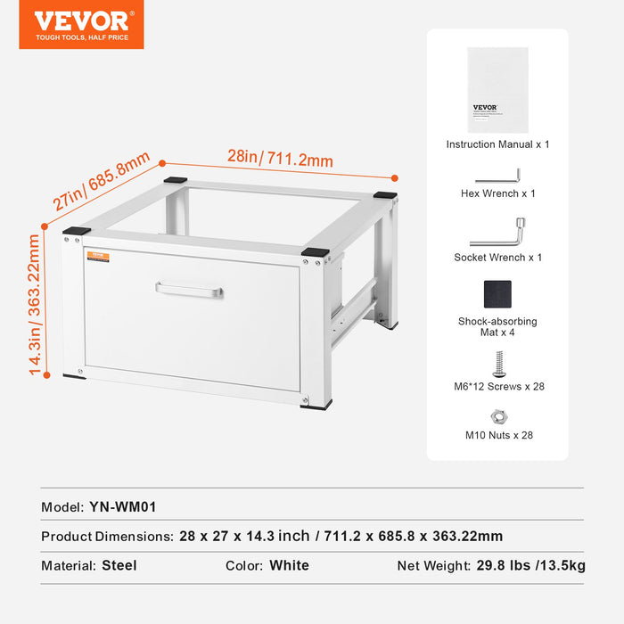 VEVOR Laundry Pedestal 686mmmW x 366mmH, Washer And Dryer Base Stand Platform Universal Fit 299kg Capacity, Heavy Duty Multi-Functional Base for Washing Machine with Drawer & Rich Accessories