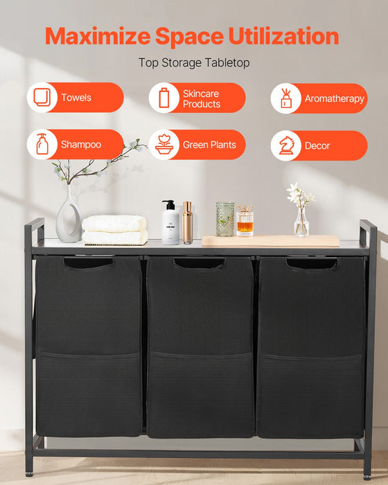 VEVOR 3 Section Laundry Sorter, Large Laundry Hamper with Metal Frame and Wooden Tabletop, Freestanding Storage Organizer Baskets with Pull-Out 600D Oxford Cloth Bags for Dirty Clothes, Bathroom