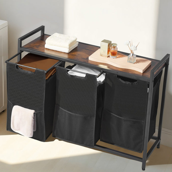 VEVOR 3 Section Laundry Sorter, Large Laundry Hamper with Metal Frame and Wooden Tabletop, Freestanding Storage Organizer Baskets with Pull-Out 600D Oxford Cloth Bags for Dirty Clothes, Bathroom