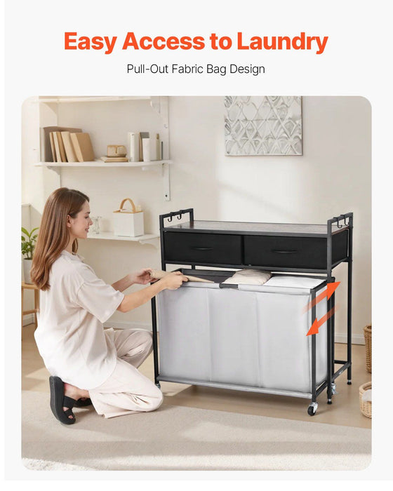 3 Section Laundry Sorter, Rolling Laundry Hamper with 2 Drawers, Hooks & Wheels, Rolling Basket Organizer Storage with Pull-Out Rolling Bags and Wooden Tabletop for Dirty Clothes, Bathroom
