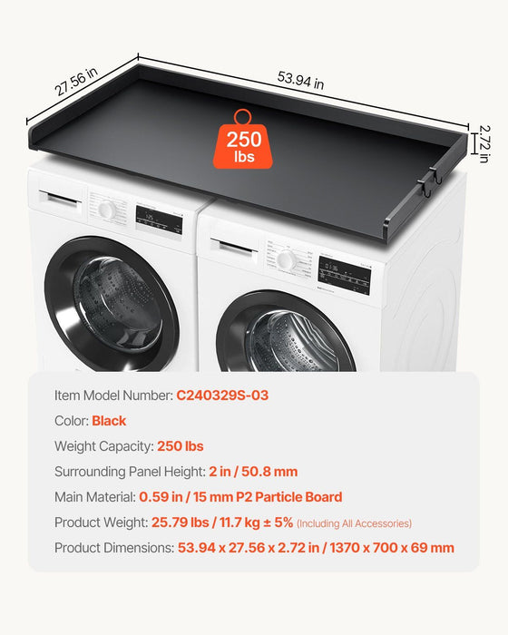 Washer Dryer Countertop, 54" x 27" Wooden Washer and Dryer Countertop, Water-Resistant Laundry Machine Topper Cover with Anti-Slip Pads, for Laundry Room Organization and Storage, Black