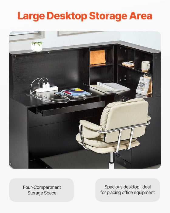 Reception Desk, 1400 x 800 x 1200 mm L-Shaped Front Counter Table, Office Reception Counter with Drawer Keyboard Tray and Storage Cabinet, for Checkout, Lobby, Beauty Salon & Office, Black