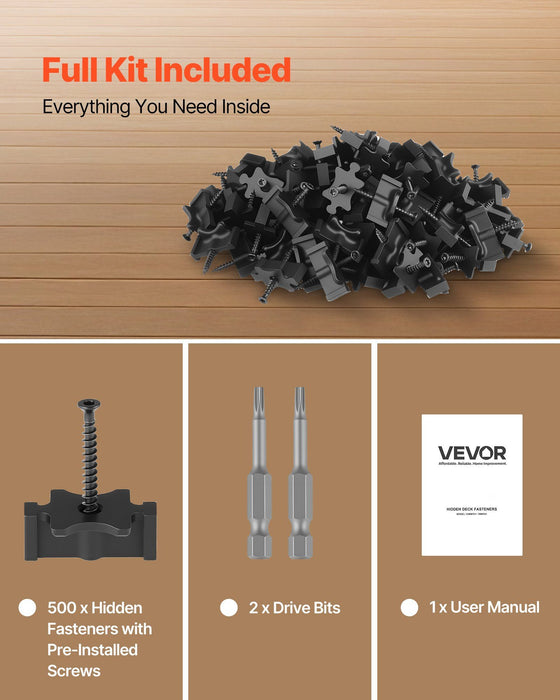500PCS Hidden Deck Fasteners for Composite Decking Board, Universal Composite T Clips & Plastic Hidden Fasteners with Metal Screws,Polypropylene PP Clips Works with 6.5 mm Gaps, Black