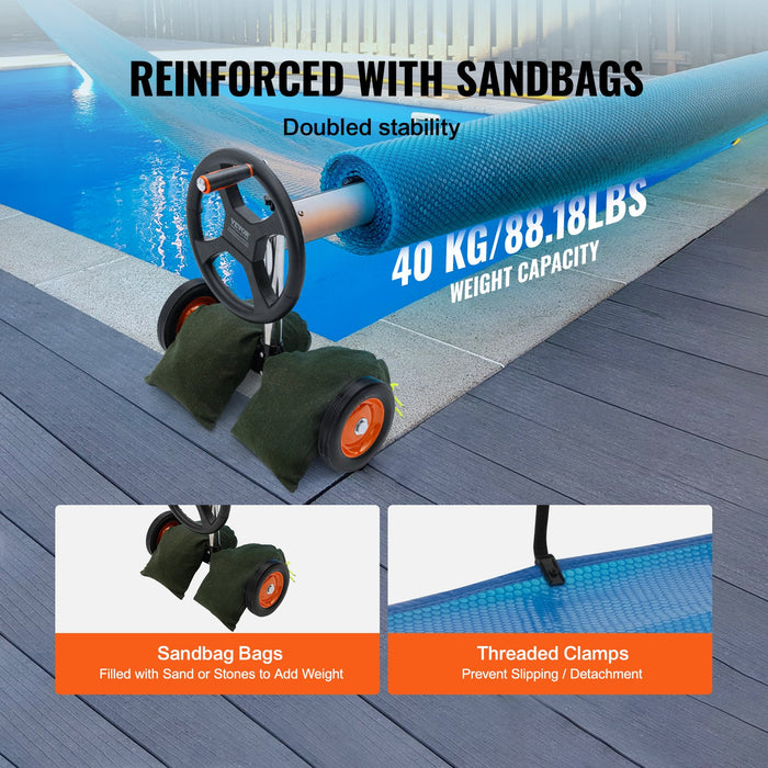 VEVOR Pool Cover Reel, Aluminum Solar Cover Reel 22 ft, Inground Swimming Pool Cover Reel Set with Rubber Wheels and Sandbags, Fits for 5-22 ft Width Swimming Pools