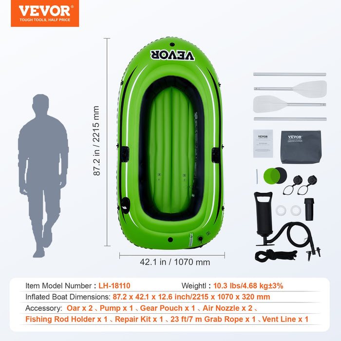 VEVOR Inflatable Boat, 2-Person Inflatable Fishing Boat, Strong PVC Portable Boat Raft Kayak, Includes 1158 mm Aluminum Oars, High-Output Pump and Fishing Rod Holders, 227 kg Capacity for Adults, Kids