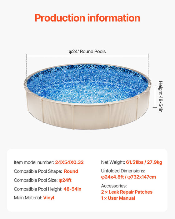 VEVOR Round Pool Liner 24ft Overlap Style Pool Liner 54in Wall Height