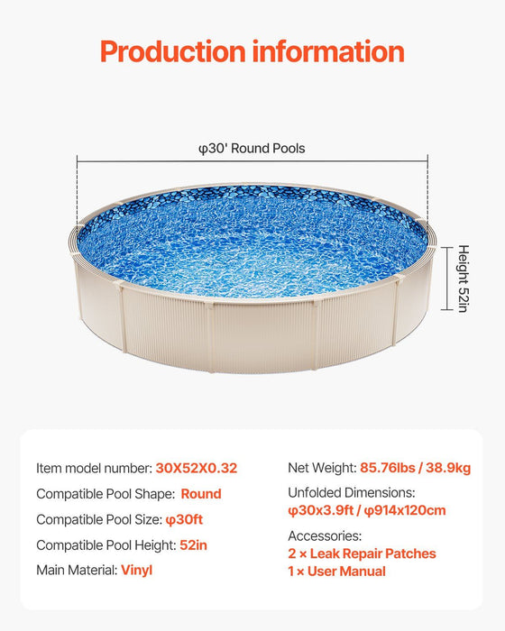 Pool Liner, 30ft Round Pool Liner, Uinbead Style, Durable Vinyl Pool Liner, Standard Gauge, 52in Wall Height, Pool Liner Replacement for Steel Sided Above-Ground Swimming Pools