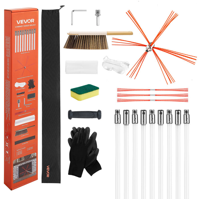 VEVOR Chimney Sweep Kit, 9m Maximum Extendable Length Chimney Sweep, Chimneys Cleaning Kit with Bristle Replacements & Goggles, 90° Bendable Fireplace Cleaning Tool, for Square, Rectangle Chimneys