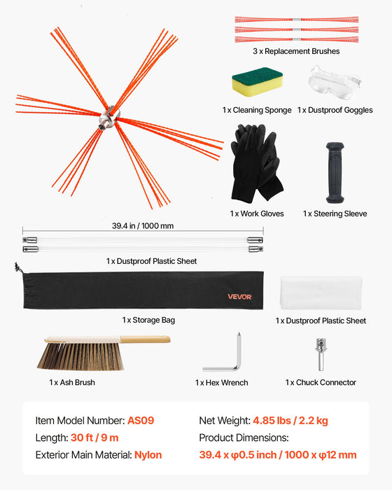 VEVOR Chimney Sweep Kit, 9m Maximum Extendable Length Chimney Sweep, Chimneys Cleaning Kit with Bristle Replacements & Goggles, 90° Bendable Fireplace Cleaning Tool, for Square, Rectangle Chimneys