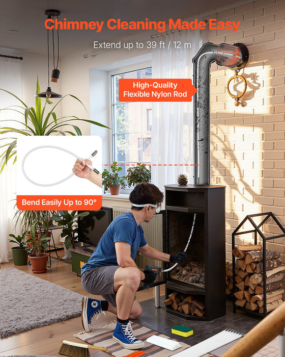 VEVOR Chimney Sweep Kit, 12m Maximum Extendable Length Chimney Sweep, Chimneys Cleaning Kit with Bristle Replacements & Goggles, 90° Bendable Fireplace Cleaning Tool, for Square, Rectangle Chimneys