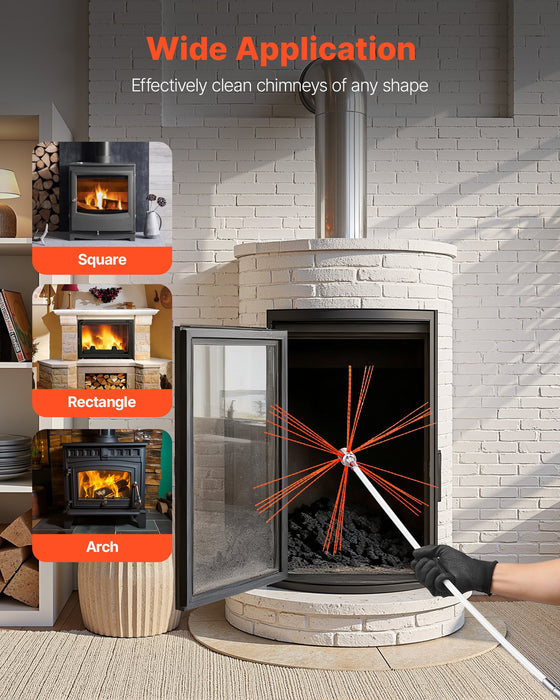 VEVOR Chimney Sweep Kit, 12m Maximum Extendable Length Chimney Sweep, Chimneys Cleaning Kit with Bristle Replacements & Goggles, 90° Bendable Fireplace Cleaning Tool, for Square, Rectangle Chimneys