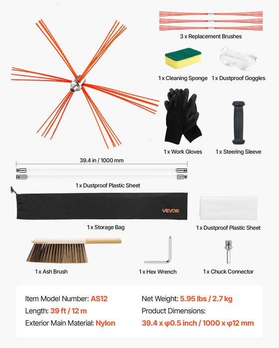 VEVOR Chimney Sweep Kit, 12m Maximum Extendable Length Chimney Sweep, Chimneys Cleaning Kit with Bristle Replacements & Goggles, 90° Bendable Fireplace Cleaning Tool, for Square, Rectangle Chimneys