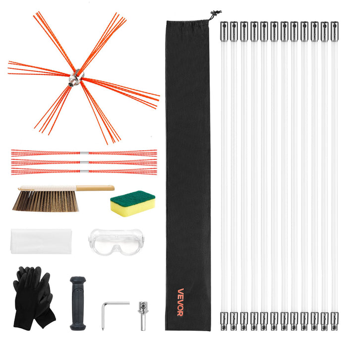 VEVOR Chimney Sweep Kit, 12m Maximum Extendable Length Chimney Sweep, Chimneys Cleaning Kit with Bristle Replacements & Goggles, 90° Bendable Fireplace Cleaning Tool, for Square, Rectangle Chimneys