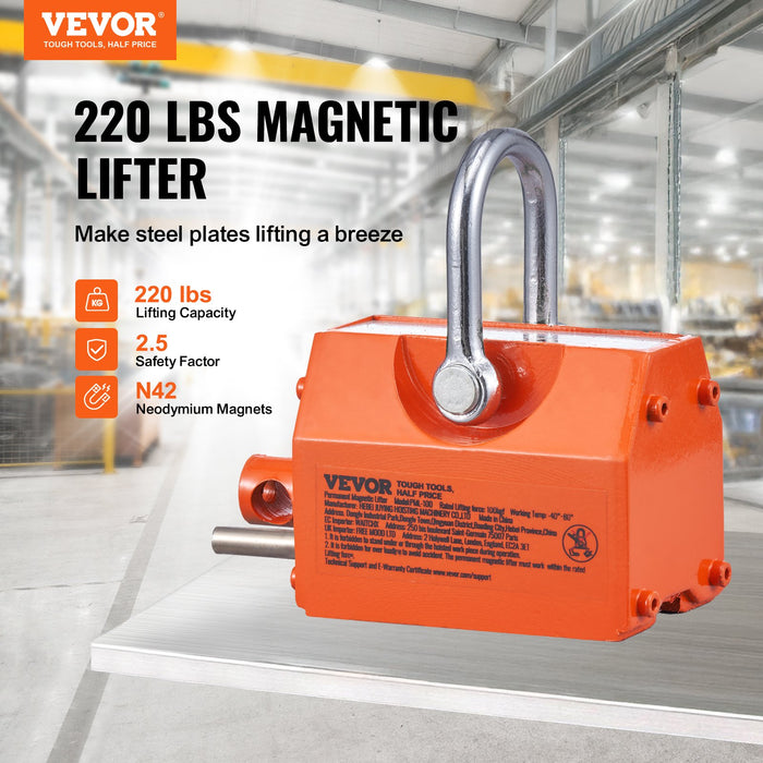 VEVOR Magnetic Lifter, 100 kg/220 lbs Pulling Capacity, 2.5 Safety Factor, Neodymium & Steel, Lifting Magnet with Release, Permanent Lift Magnets, Heavy Duty Magnet for Hoist, Shop Crane, Block, Board