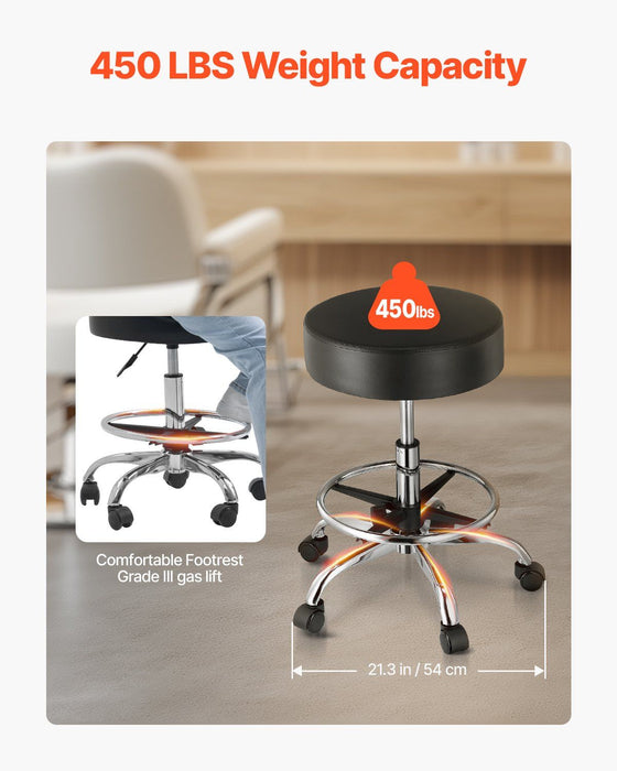 Round Rolling Stool, Leather Rolling Stool with Footrest, 360° Swivel Drafting Stool with Thickened Cushion, Height Adjustable Rolling Work SPA Tattoo Stool, for Office, Home, Salon & Bar Black