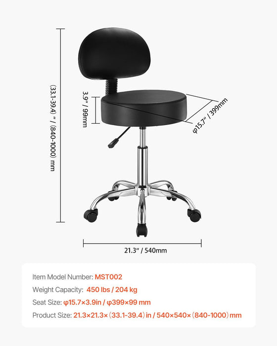 Round Rolling Stool, PU Leather Rolling Stool with Backrest, 360° Swivel Drafting Stool with Thickened Cushion, Height Adjustable Rolling Work SPA Stool, for Office, Home, Salon & Bar, Black