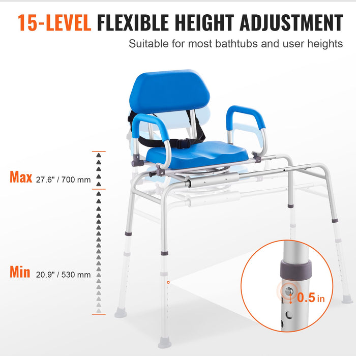 VEVOR Sliding Tub Transfer Bench with 360 Degree Swivel Seat, Sliding Shower Chair with Pivoting Armrest & Padded Seat and Safety Belt, Height Adjustable Bath Chair for Elderly Disabled 330LBS