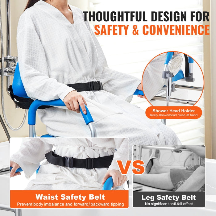 VEVOR Sliding Tub Transfer Bench with 360 Degree Swivel Seat, Sliding Shower Chair with Pivoting Armrest & Padded Seat and Safety Belt, Height Adjustable Bath Chair for Elderly Disabled 330LBS