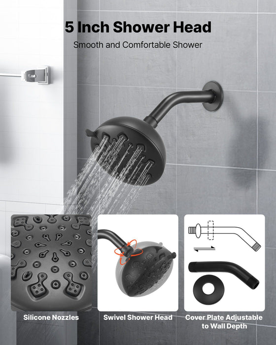 Tub and Shower Faucet Set, 127 mm Rainfall Shower Head and Bathtub Spout, Complete Single-Handle Tub Trim Kit with Brass Pressure Balancing Valve, 8-Setting Adjustable Spray Modes, Matte Black