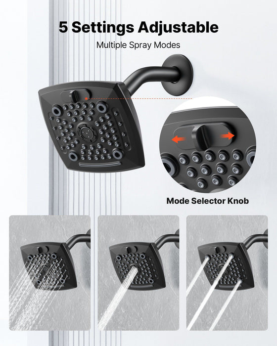Tub and Shower Faucet Set, Complete with 130 mm Rainfall Shower Head and Bathtub Spout, 5-Setting Adjustable Spray, Single-Handle Tub Trim Kit with Brass Pressure Balancing Valve, Matte Black