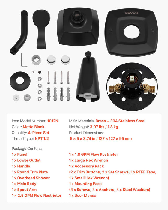 Tub and Shower Faucet Set, Complete with 130 mm Rainfall Shower Head and Bathtub Spout, 5-Setting Adjustable Spray, Single-Handle Tub Trim Kit with Brass Pressure Balancing Valve, Matte Black