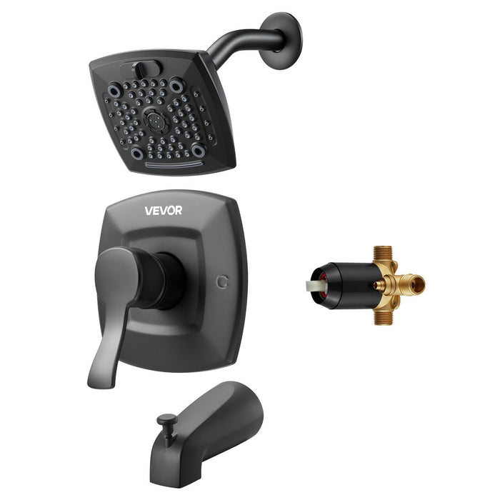Tub and Shower Faucet Set, Complete with 130 mm Rainfall Shower Head and Bathtub Spout, 5-Setting Adjustable Spray, Single-Handle Tub Trim Kit with Brass Pressure Balancing Valve, Matte Black