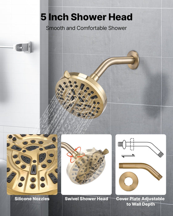 Tub and Shower Faucet Set, Complete with 127 mm Rainfall Shower Head and Bathtub Spout, 8-Setting Adjustable Spray, Single-Handle Tub Trim Kit with Brass Pressure Balancing Valve, Gold Finish