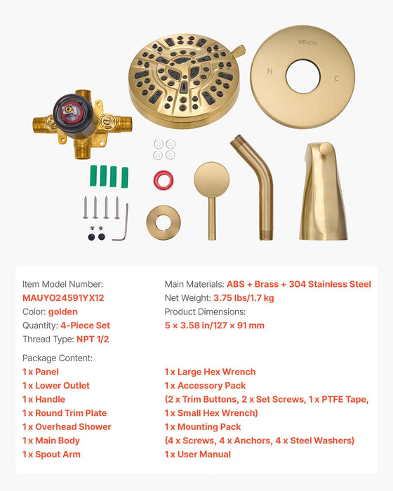 Tub and Shower Faucet Set, Complete with 127 mm Rainfall Shower Head and Bathtub Spout, 8-Setting Adjustable Spray, Single-Handle Tub Trim Kit with Brass Pressure Balancing Valve, Gold Finish