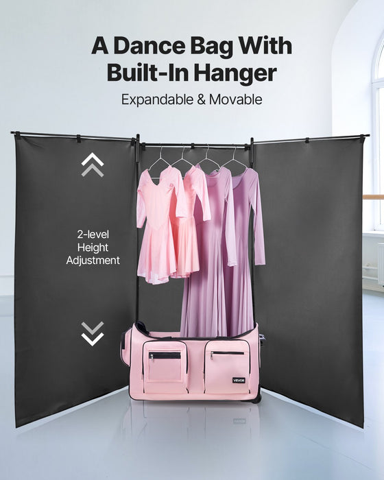 VEVOR Dance Bag with Garment Rack, 736.6 mm Rolling Dance Duffel, with Wheels, USB Port, Height Adjustable Clothes Rack, Privacy Protection Curtain, Ideal for Travel and Competitions, Matte Pink