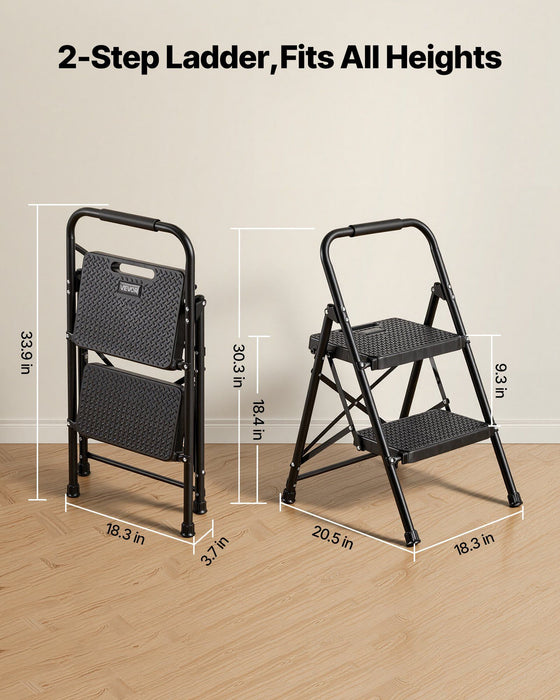 2 Step Ladder, Folding Step Stool with Wide Anti-Slip Pedal and Comfort Handgrip, Lightweight 272 kg Capacity Portable Steel Ladder, Multi-Use for Kitchen, Home, Household and Office, Black