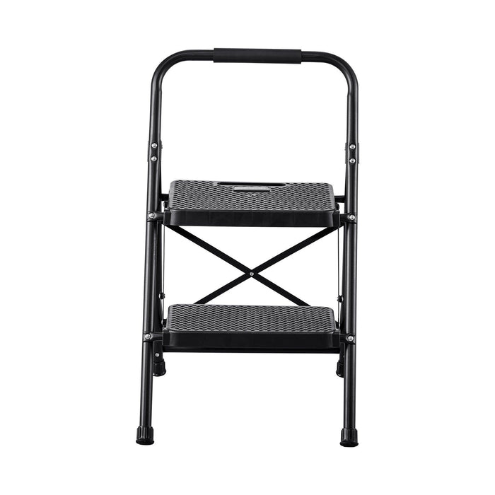 2 Step Ladder, Folding Step Stool with Wide Anti-Slip Pedal and Comfort Handgrip, Lightweight 272 kg Capacity Portable Steel Ladder, Multi-Use for Kitchen, Home, Household and Office, Black