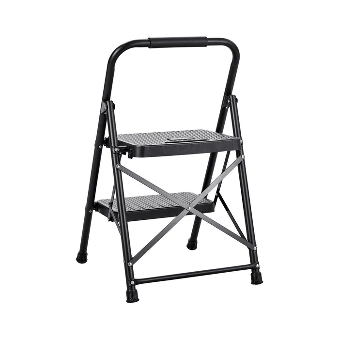 2 Step Ladder, Folding Step Stool with Wide Anti-Slip Pedal and Comfort Handgrip, Lightweight 272 kg Capacity Portable Steel Ladder, Multi-Use for Kitchen, Home, Household and Office, Black