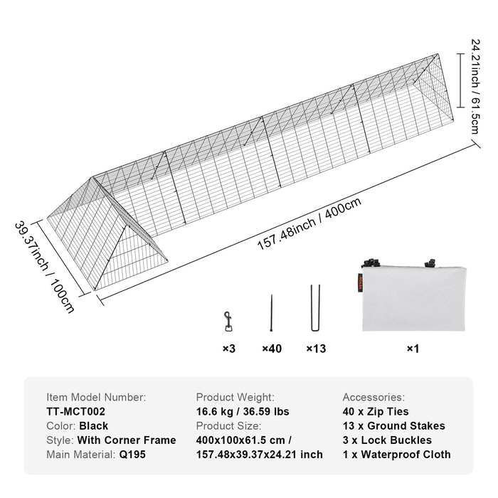 VEVOR Chicken Tunnels, 400x100x61.5 cm(LxWxH) Chicken Tunnels for Yard, Portable Chicken Tunnels for Outside with Corner Frames, Chicken Coop Run, Suitable for Chickens, Ducks, Rabbits