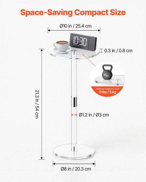 Acrylic Drink Table, Clear End Table Round Top with Solid Post, Modern Acrylic Cake Table Stand, Transparent Side Desk for Coffee, Drink, Food, Snack, Easy Assembly, 25.4 x 25.4 x 54 cm (Clear)