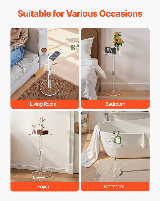 Acrylic Drink Table, Clear End Table Round Top with Solid Post, Modern Acrylic Cake Table Stand, Transparent Side Desk for Coffee, Drink, Food, Snack, Easy Assembly, 25.4 x 25.4 x 54 cm (Clear)