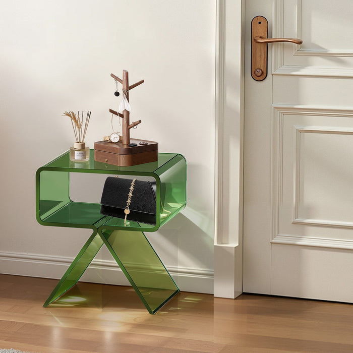 Acrylic Nightstand Side Table, Modern Clear Bedside Table with Storage Shelf, Transparent Small End Desk for Living Room, Bedroom, Home Decor, No Assembly Needed, 30 x 39.1 x 43 cm (Green)