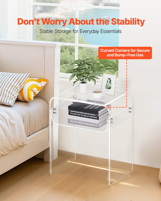 VEVOR Acrylic Side Table, 2 Tiers Clear Bedside Table with Storage Shelf, Modern Rectangle Acrylic End Desk, Transparent Thick Nightstand for Bedroom, Living Room, Study, 30 x 40 x 50 cm (Clear)