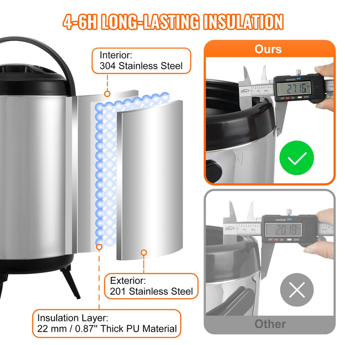 VEVOR Stainless Steel Insulated Beverage Dispenser, 7.6 Liter, Thermal Hot and Cold Drink Server Dispenser with Spigot Handle, Food-grade for Hot Tea Coffee Water Restaurant Drink Shop