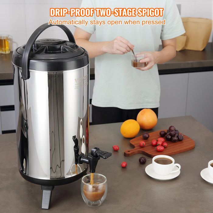 VEVOR Stainless Steel Insulated Beverage Dispenser, 9.2 Liter, Thermal Hot and Cold Drink Server Dispenser with Spigot Handle, Food-grade for Hot Tea Coffee Water Restaurant Drink Shop
